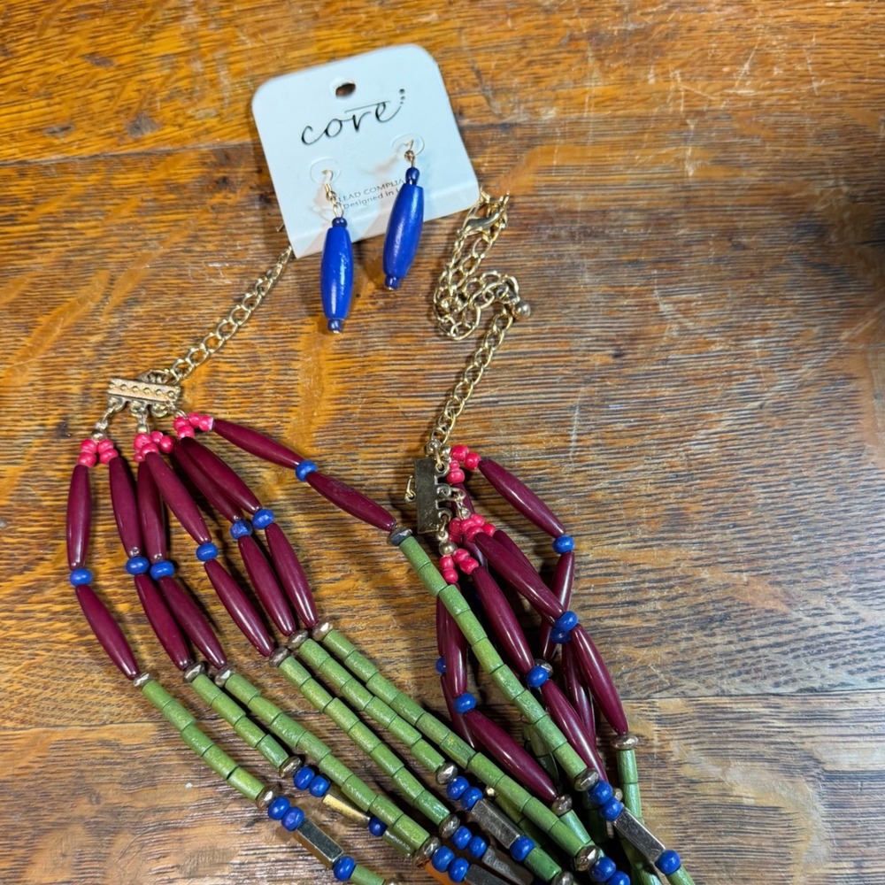Core Multi Strand Rainbow Beaded Statement Necklace and Earring Set Gold Tone - Picture 3 of 8